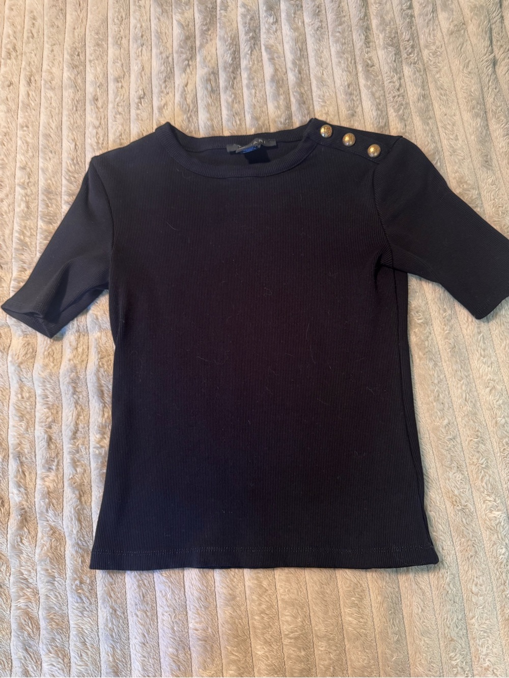 Tahari Black Quarter Sleeve Ribbed Top with Gold Shoulder Buttons